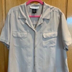 Jessica Holbrook 100% Silk Beige Blouse Shirt Front Button Down Flap Pocket XL